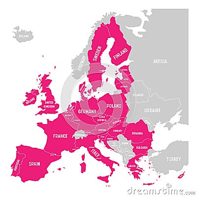 Map of Europe with pink highlighted EU member states. Vector illustration. Simplified map of European Union Vector Illustration