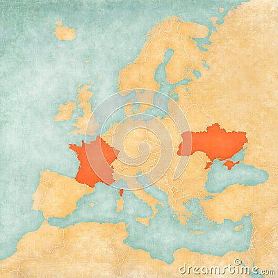 Map of Europe - Ukraine and France Stock Photo