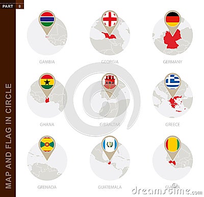 Map and Flag in a circle of 9 Countries Vector Illustration
