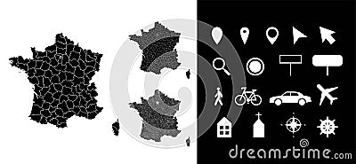 Map of France administrative regions departments, icons. Map location pin, arrow, man, bicycle, car, airplane Vector Illustration