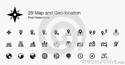 29 Map and Geo-location Pixel Perfect Icons Vector Illustration