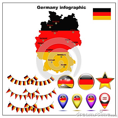 Map of Germany bright graphic illustration. German map with major cities and regions. Cartoon Illustration