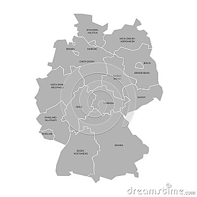 Map of Germany devided to 13 federal states and 3 city-states - Berlin, Bremen and Hamburg, Europe. Simple flat grey Vector Illustration