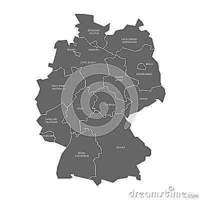 Map of Germany devided to 13 federal states and 3 city-states - Berlin, Bremen and Hamburg, Europe. Simple flat grey Vector Illustration