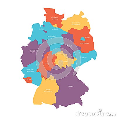 Map of Germany devided to 13 federal states and 3 city-states - Berlin, Bremen and Hamburg, Europe. Simple flat vector Vector Illustration