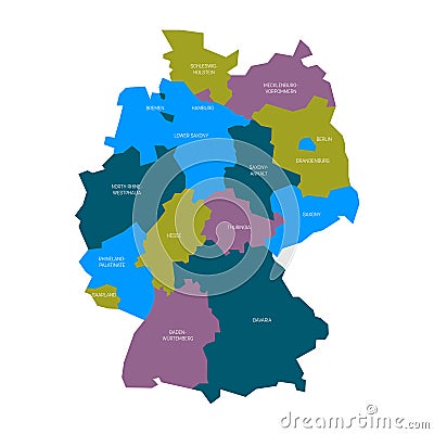 Map of Germany devided to 13 federal states and 3 city-states - Berlin, Bremen and Hamburg, Europe. Simple flat vector Vector Illustration