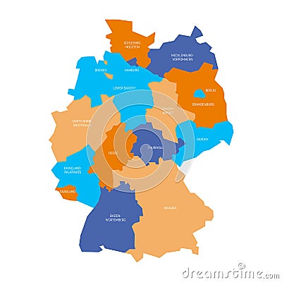 Map of Germany devided to 13 federal states and 3 city-states - Berlin, Bremen and Hamburg, Europe. Simple flat vector Vector Illustration