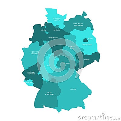 Map of Germany divided to 13 federal states and 3 city-states - Berlin, Bremen and Hamburg, Europe. Simple flat vector Vector Illustration