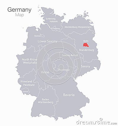 Map of Germany, regions and capital city with names, gray on a white background Vector Illustration