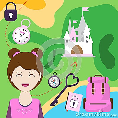 Map with a girl, backpack and other items. of passage to the castle. Child Game. Help the get here before the place. Vector Vector Illustration