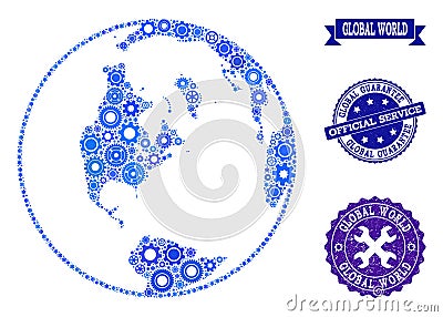 Collage Map of Global World with Gears and Rubber Seals for Services Vector Illustration