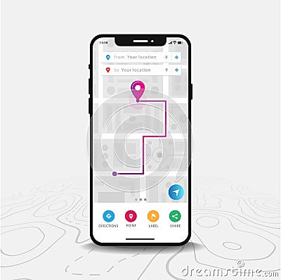 Map GPS Navigation Smartphone map application and purple pinpoint on screen Vector Illustration