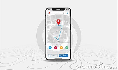 Map GPS navigation Smartphone map application and red pinpoint on screen App search map navigation on line maps Vector Illustration