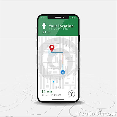 Map GPS Navigation Smartphone map application and red pinpoint on screen Vector Illustration