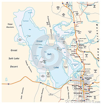 Map of the great salt lake and salt lake city in the state of utah Vector Illustration