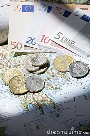Map of Greece with Euros and Drachma on it Stock Photo