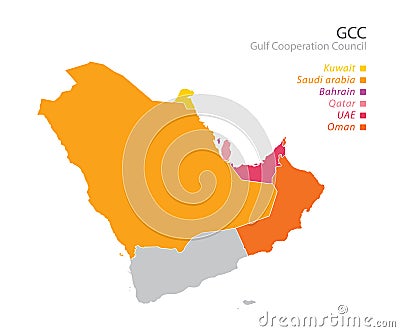 Map of the Gulf Cooperation Council GCC`s members. Vector Vector Illustration
