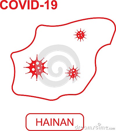 Map of Hainan labeled COVID-19. White outline map on a red background. Vector Illustration