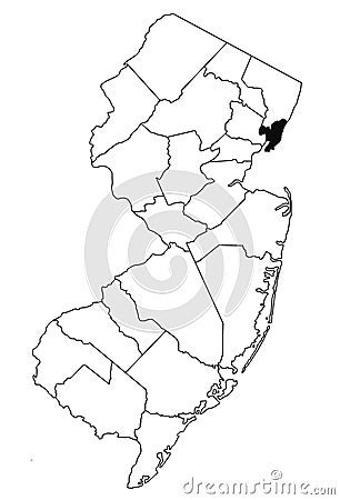 Map of Hudson County in new jersey state on white background. single County map highlighted by black colour on new jersey map Stock Photo