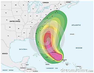 Map for a Hurricane warning in the Caribbean and the Eastern usa Vector Illustration