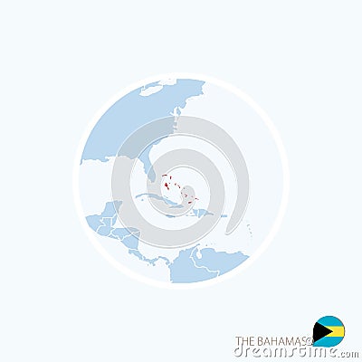 Map icon of The Bahamas. Blue map of Caribbean with highlighted The Bahamas in red color Vector Illustration