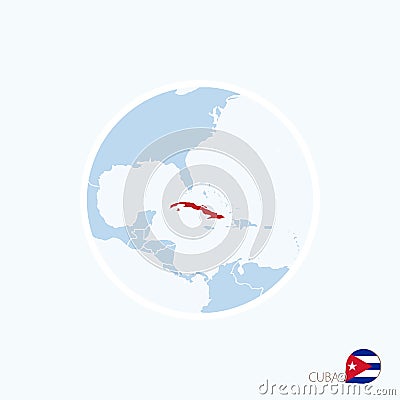 Map icon of Cuba. Blue map of Caribbean with highlighted Cuba in red color Vector Illustration