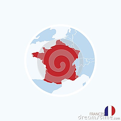 Map icon of France. Blue map of Europe with highlighted France in red color Vector Illustration