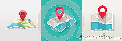 Map icon with pin gps vector flat and location marker pointer place in isometric design, concept of road trip direction position Vector Illustration
