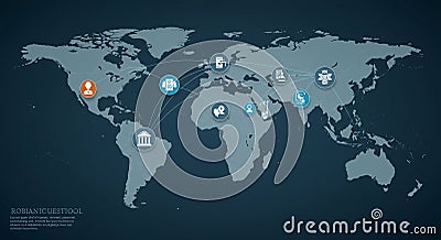 Map illustrating a global network with icons connected by lines. Includes various Stock Photo