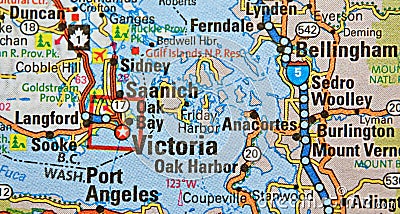 Map Image of Victoria, Canada and Bellingham, Washington Editorial Stock Photo