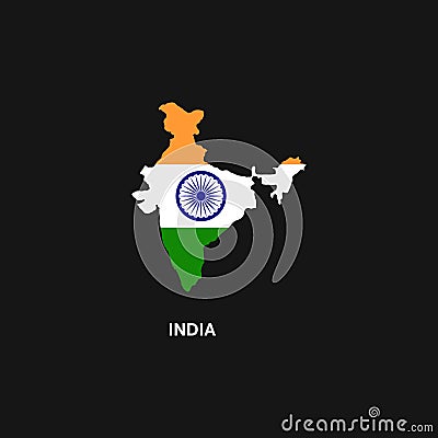Map of India, silhouette in colors of national flag on black background. Vector Illustration
