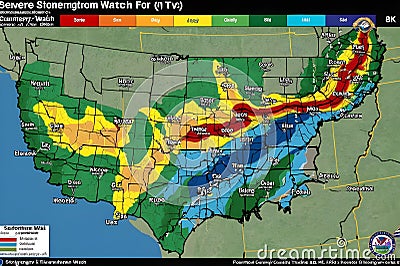 Map indicates a severe weather alert, highlighting various states with color-coded zones Stock Photo