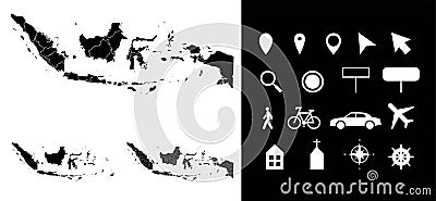 Map of Indonesia administrative regions departments, icons. Map location pin, arrow, man, bicycle, car, airplane Vector Illustration