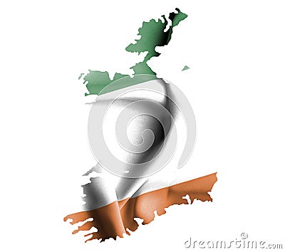 Map of Ireland with waving flag isolated on white Stock Photo