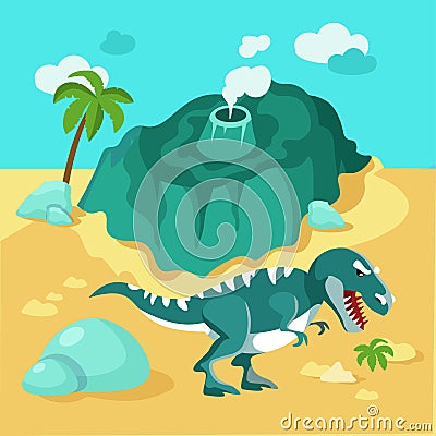 Map of island with volcano and dinosaur. Predatory animal Tyrannosaurus rex. Scene, background for games, design Vector Illustration