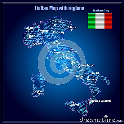 Map of Italy. Bright illustration with colorful italian map. Italy map with Italian regions. Cartoon Illustration