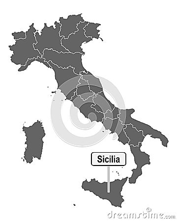 Map of Italy with road sign of Sicilia Vector Illustration