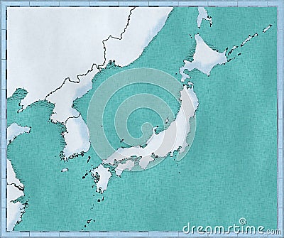 Map of Japan, North Korea and South Korea, physical map Asia, East Asia, map with reliefs and mountains and Pacific Ocean Stock Photo