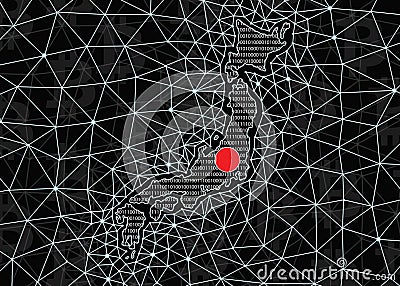 Map of Japan silhouette made of binary code, on a black background with digital blockchain grid and bitcoin signs. Japan Digital Stock Photo