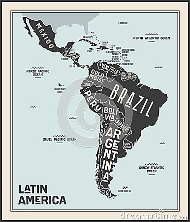 Map Latin America. Poster map of Latin America Vector Illustration