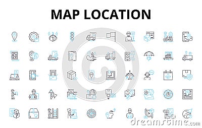 Map location linear icons set. Coordinates, Geolocation, Plot, Navigator, Area, Terrain, Mapquest vector symbols and Vector Illustration