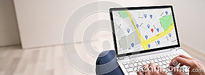 Map Location Search On Laptop Screen Stock Photo