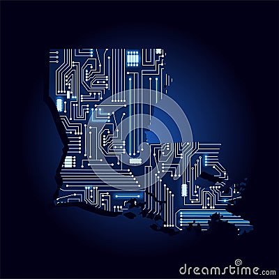 Map of Louisiana with electronic circuit Vector Illustration