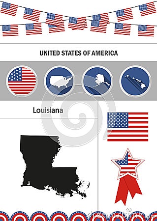 Map of Louisiana. Set of flat design icons nfographics elements Vector Illustration