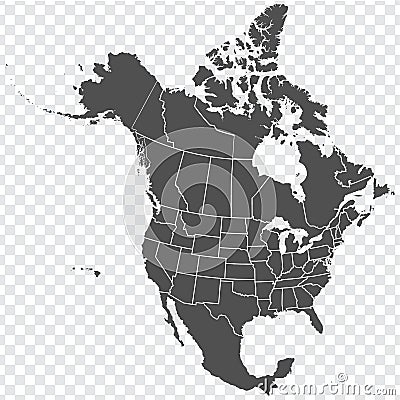 Map of North America. Detailed map of North America with States of the USA and Provinces of Canada. Template. Vector Illustration