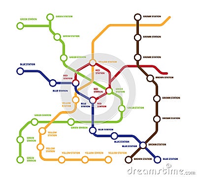 Map metro template illustration. Highspeed subway large number stations five multi kilometer directions each line Vector Illustration