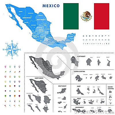 Map of Mexico regions represents a general outline of a states ciudades. Vector Illustration