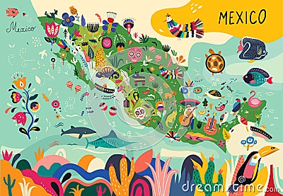 Map of Mexico with traditional symbols Stock Photo