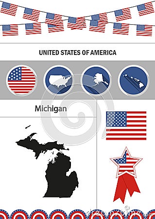 Map of Michigan. Set of flat design icons nfographics elements w Vector Illustration