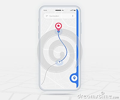 Mobile map gps, Smartphone map application and red pinpoint on screen, App search map navigation, isolated on line maps background Vector Illustration